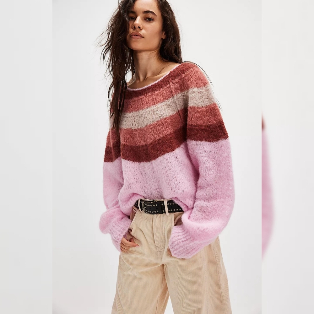Free People Foxy Baby Alpaca Pullover Sweater in Pink Combo NWT